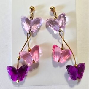 Gold Tone Vintage Purple & Pink Butterfly Pierced Earrings